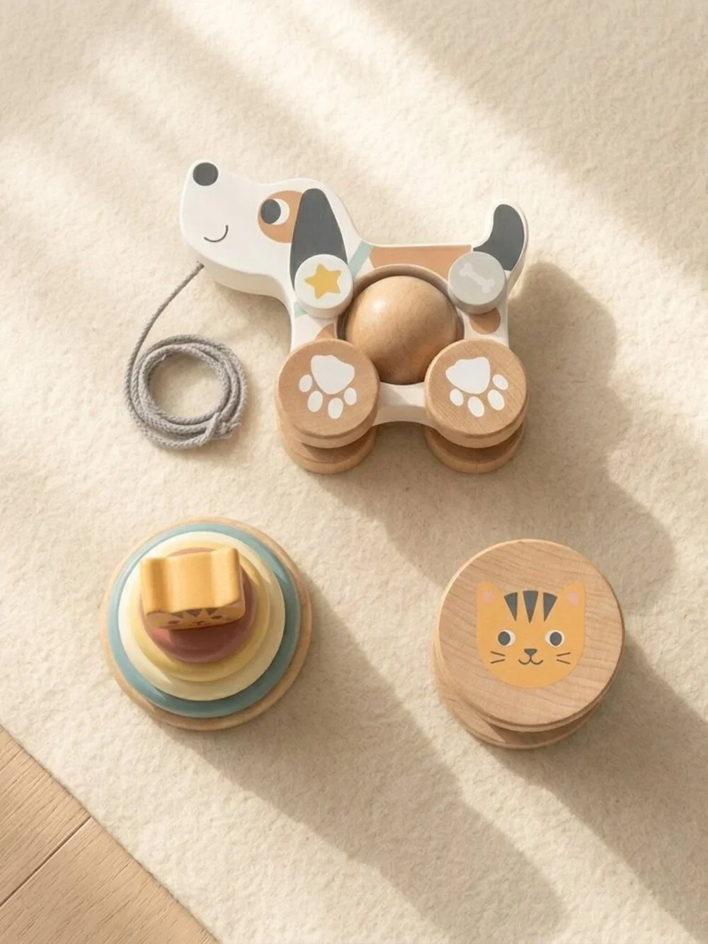 Montessori Wooden Pull Along Dog Toy & Stacking Rings Gift Set New